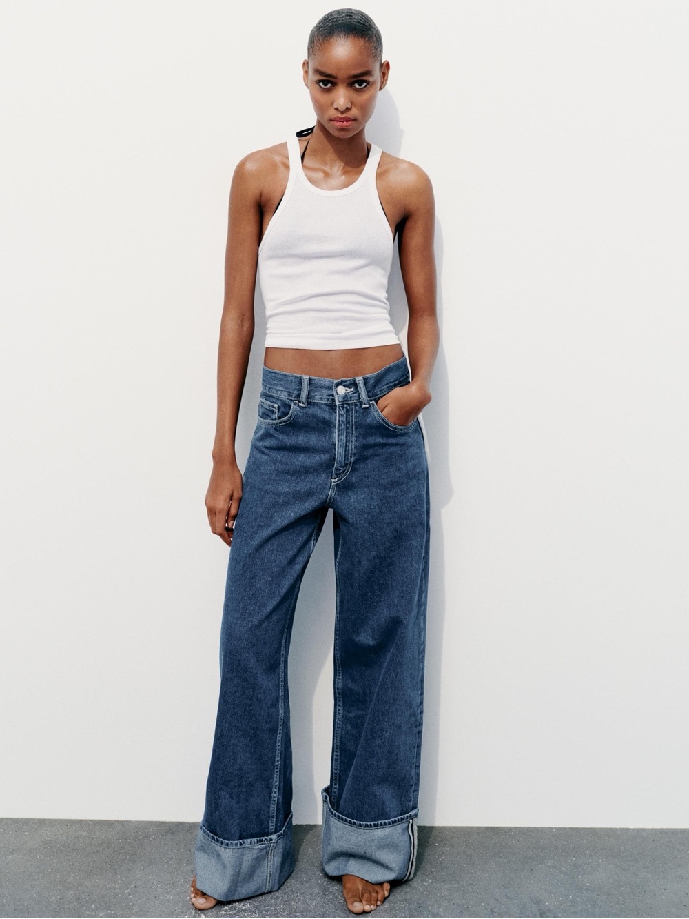Zara TRF Turned Up Wide Leg Jeans dark wash size 8 /40